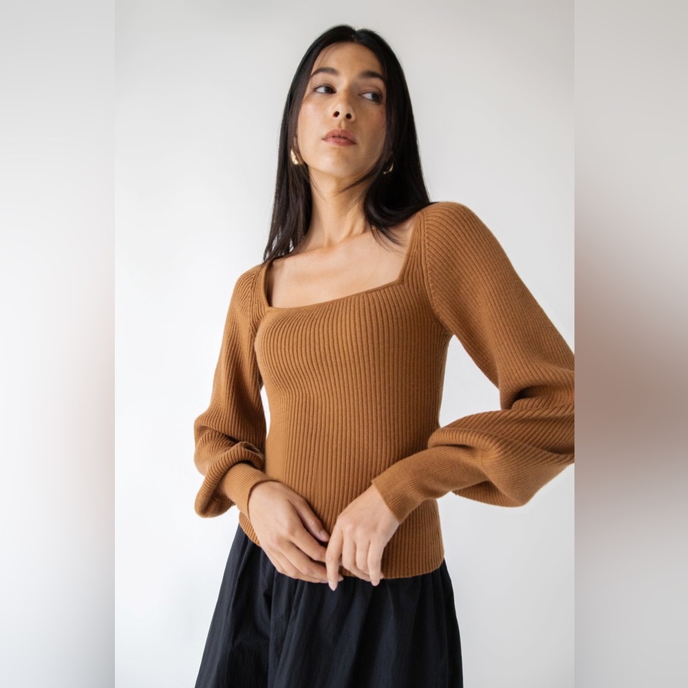 OAK + FORT Camel Square Neck Balloon Long Sleeve Ribbed Knit Fitted Sweater